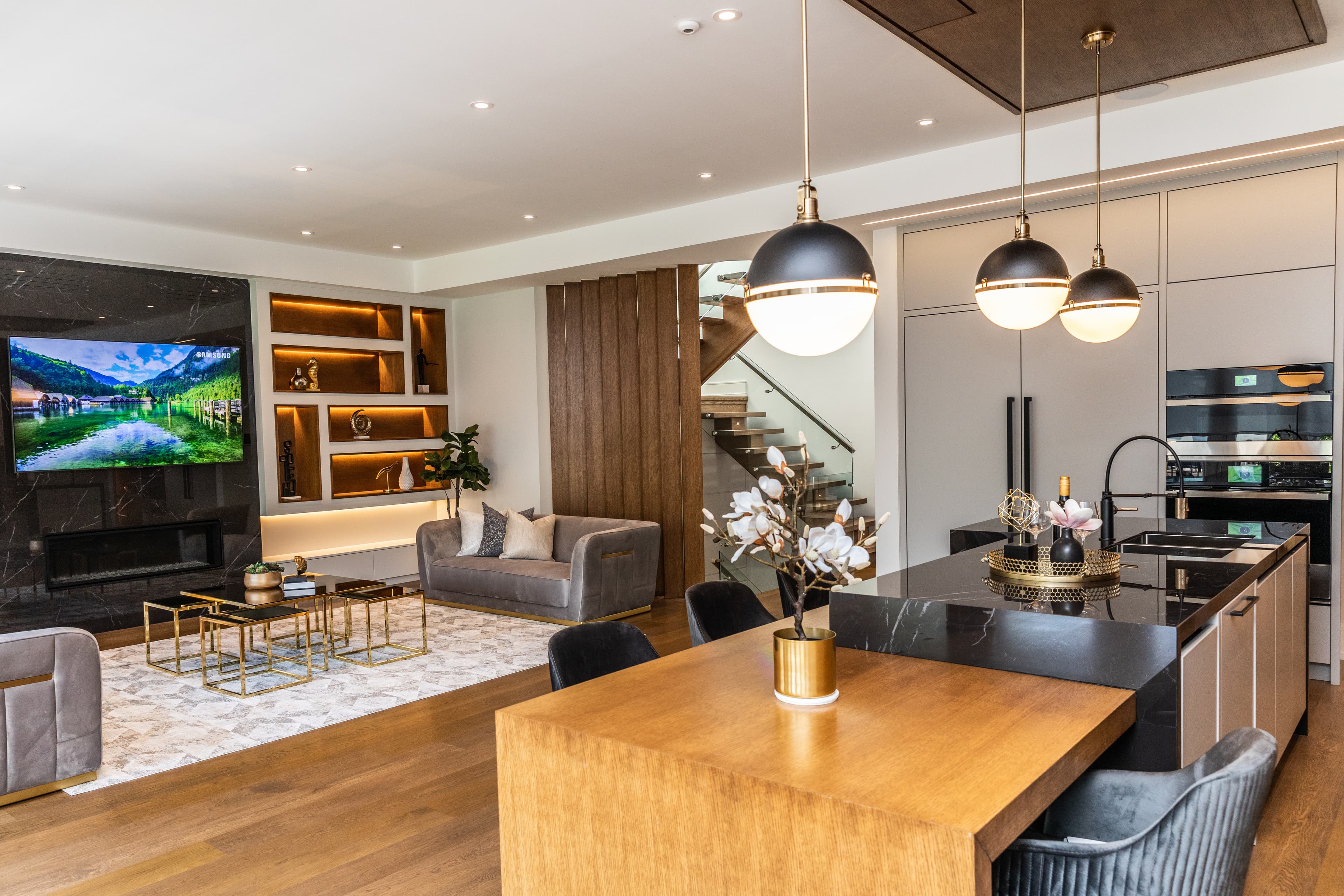 Terrace, kitchen and living area from island