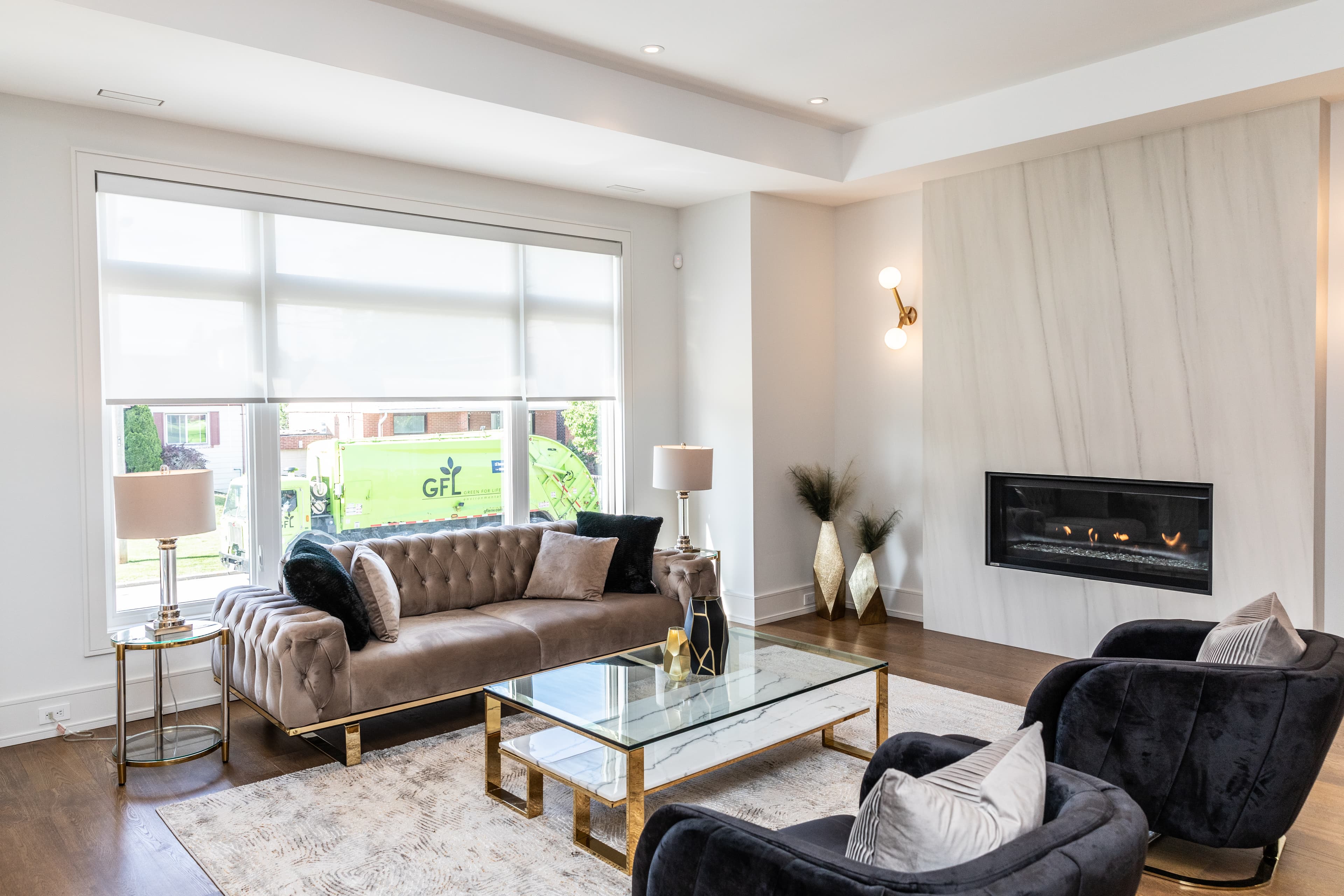 Terrace, living room with marble fireplace